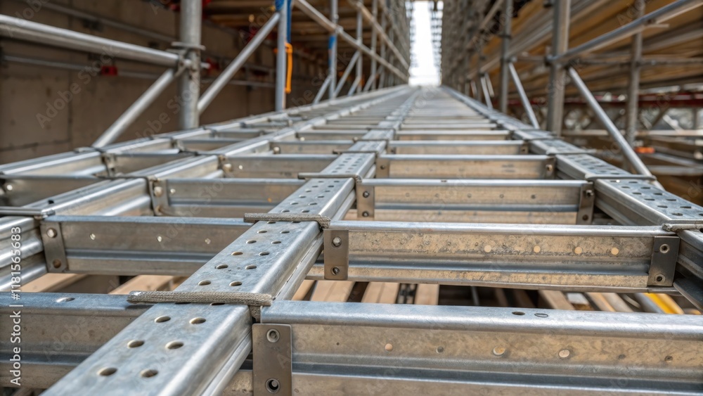 Overhead multiple brackets secure the cable trays to the scaffolding structure creating a visually striking pattern of linear design. The closeup view reveals the gleaming metallic Overhead multiple brackets secure the cable trays to the scaffolding structure creating a visually striking pattern of linear design. The closeup view reveals the gleaming metallic