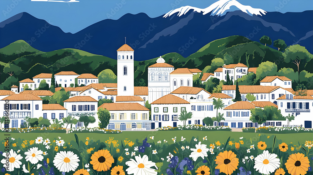 Fototapeta premium Mountain Village Illustration