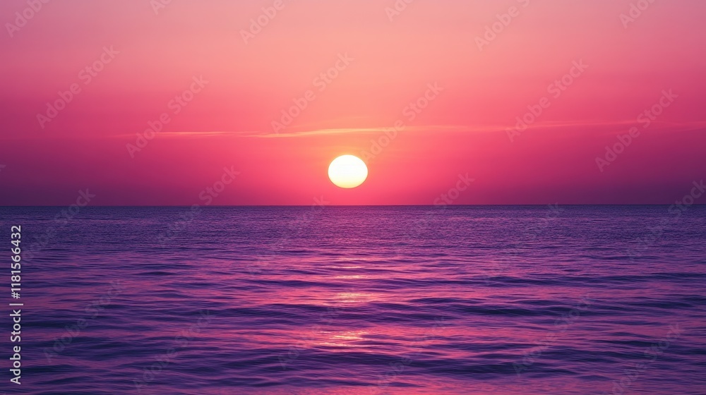 Vibrant Pink Sunset over Calm Ocean Waters with Sun Reflection. Vibrant Pink Sunset over Calm Ocean Waters with Sun Reflection.