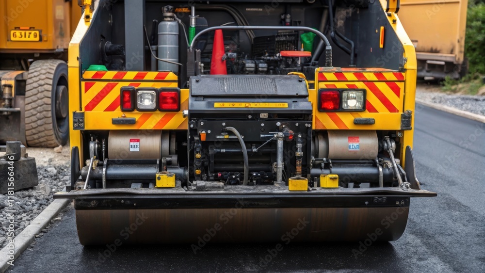The gleaming engine compartment of an asphalt roller revealing the intricate machinery and vibrant warning labels surrounded by a mix of tools and equipment that hint at the The gleaming engine compartment of an asphalt roller revealing the intricate machinery and vibrant warning labels surrounded by a mix of tools and equipment that hint at the