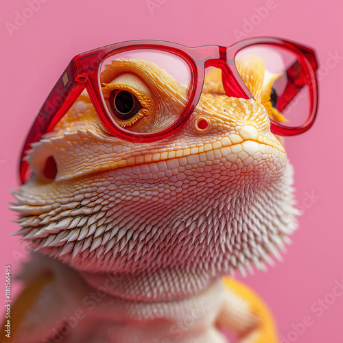 Bearded dragon with glasses close-up animal portrait creative environment playful concept for seo impact photo