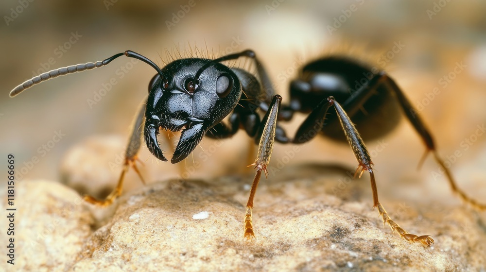 Fototapeta premium Close-up of a black ant on a rock.