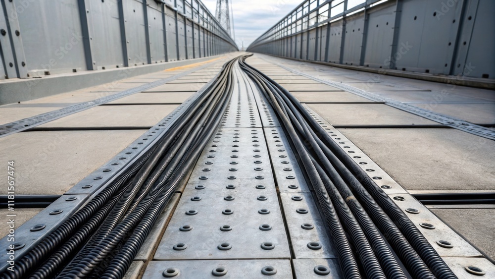  the pathways of the cables provide a striking contrast against the stark metal.