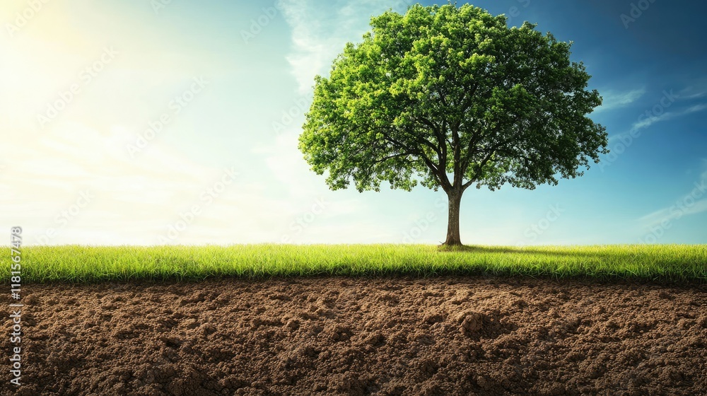 A lone tree standing amidst verdant grasslands and freshly tilled brown soil under a sunny horizon