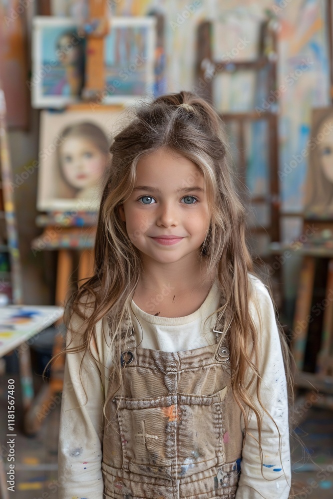 A young girl stands in a vibrant art studio filled with paintings. Her long hair frames her cheerful face as she wears overalls and shows a warm, inviting smile A young girl stands in a vibrant art studio filled with paintings. Her long hair frames her cheerful face as she wears overalls and shows a warm, inviting smile