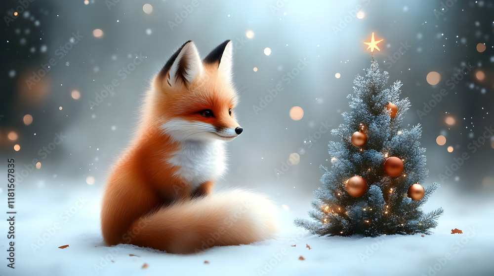 Fototapeta premium Fox Sits Peacefully by Christmas Tree in Winter Wonderland