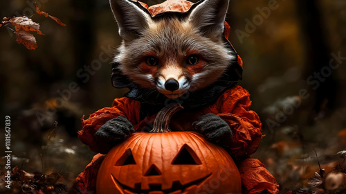 Fox Holds Pumpkin in Autumn...