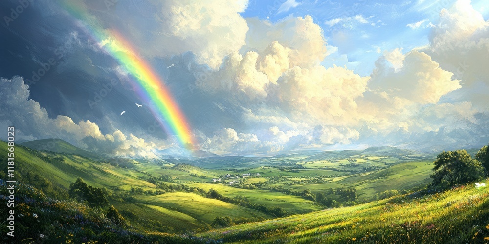 Obraz premium Irish Countryside with Rainbow and Pot of Gold – St. Patrick's Day Theme