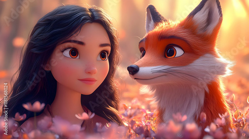 Fox and Girl Meet in a Fiel...