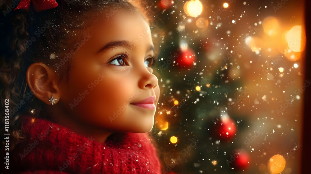 Child Looks at Christmas Tree Lights with Wonder and Joy on Christmas Eve Child Looks at Christmas Tree Lights with Wonder and Joy on Christmas Eve