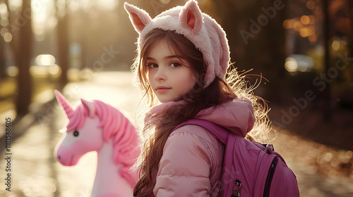 Girl Walks with Unicorn Toy...