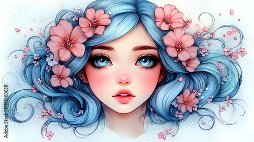 Blue Hair Girl with Flowers...