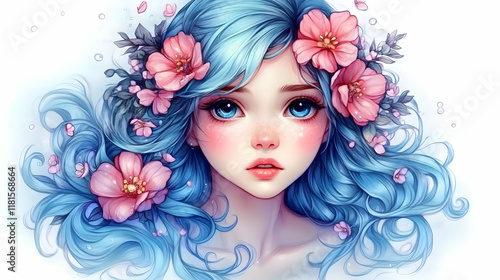 Blue Hair Girl with Flowers...
