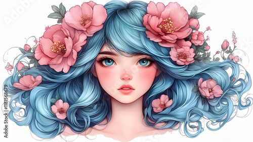 Blue Hair Girl with Flowers...
