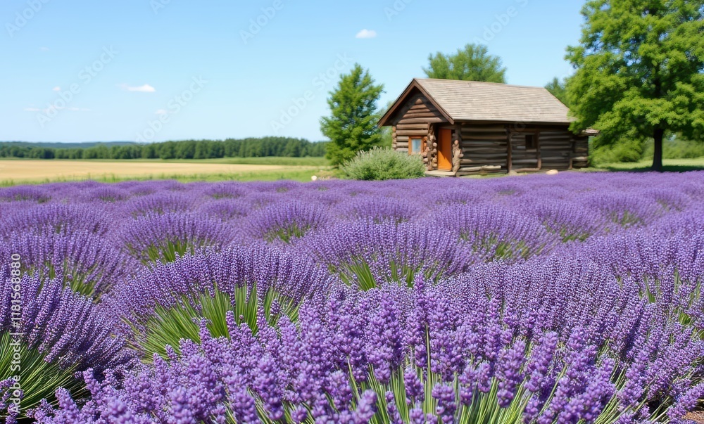 Lavender field with rustic wooden cabin Lavender field with rustic wooden cabin