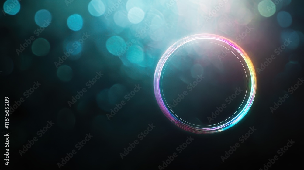 Abstract Circle with Holographic Light Ring on Dark Teal Bokeh Background. Abstract Circle with Holographic Light Ring on Dark Teal Bokeh Background.