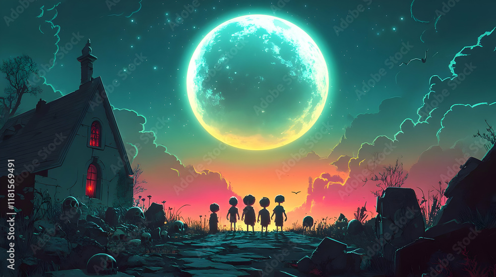 Fototapeta premium Children Explore Abandoned Graveyard Under Big Moon at Sunset