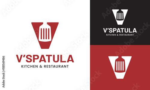 Letter Initial V Spatula Logo Design Template. Suitable for Restaurant Kitchen Bistro Cafe Catering Eatery Grill Barbeque or Chef Cook Kitchener Food Blogger Business Brand Company Logo Design
