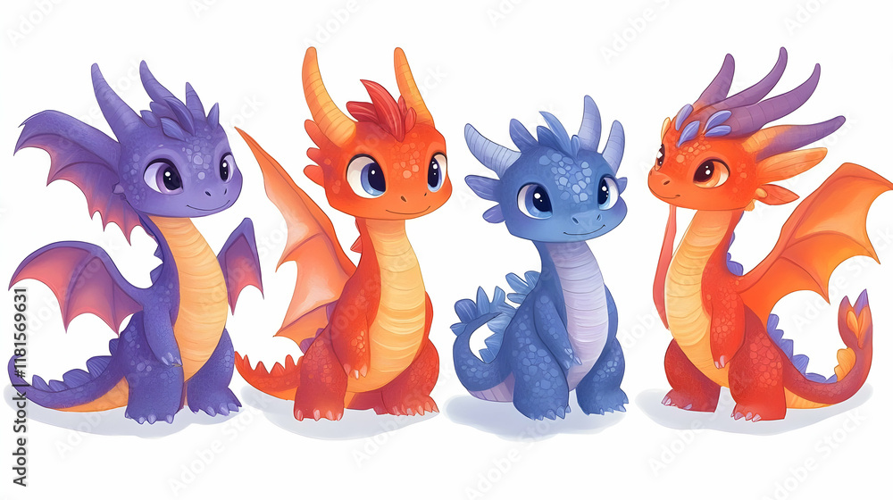 Fototapeta premium Four Baby Dragons Pose Together: Mythical Creatures