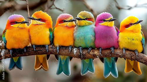 Colorful Birds Perch Togeth...