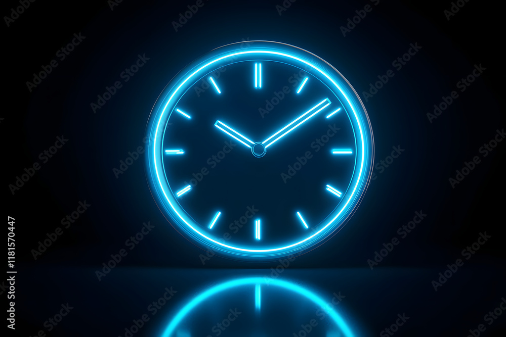 Abstract blue glowing neon clock on a dark background with a reflection and space for text. Abstract blue glowing neon clock on a dark background with a reflection and space for text.