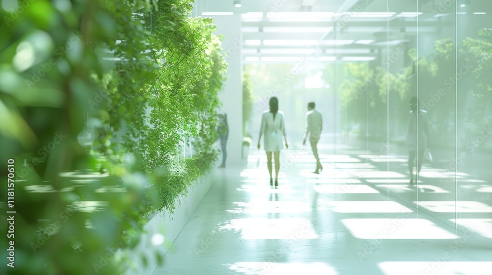 Brightly lit corridor with lush greenery and people walking during daytime in a modern indoor space Brightly lit corridor with lush greenery and people walking during daytime in a modern indoor space