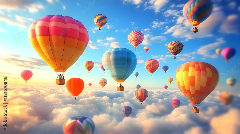 Naklejka premium Hot Air Balloons Soar Above Clouds at Sunrise