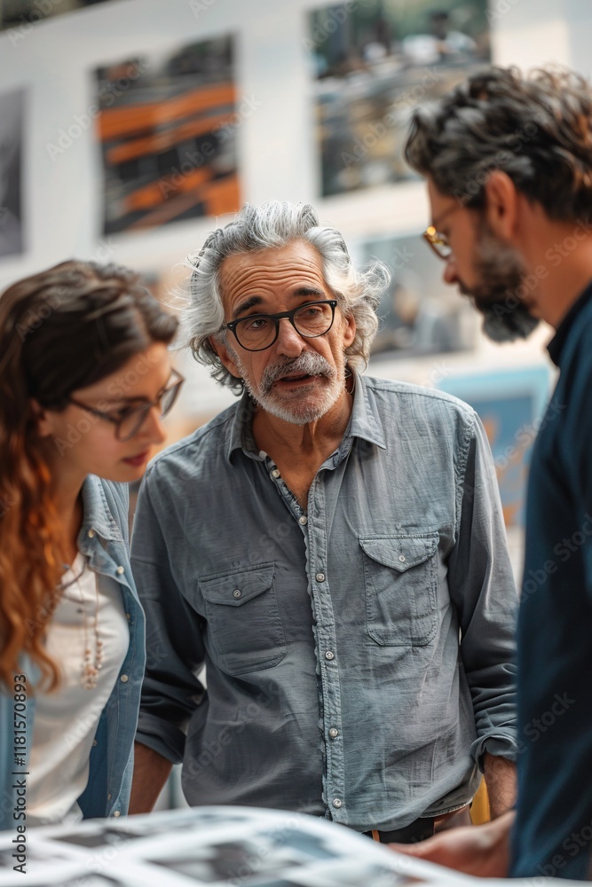 Three adults engage in a focused conversation, examining prints in an art gallery. The atmosphere is creative and collaborative, highlighting a shared interest in visual art Three adults engage in a focused conversation, examining prints in an art gallery. The atmosphere is creative and collaborative, highlighting a shared interest in visual art