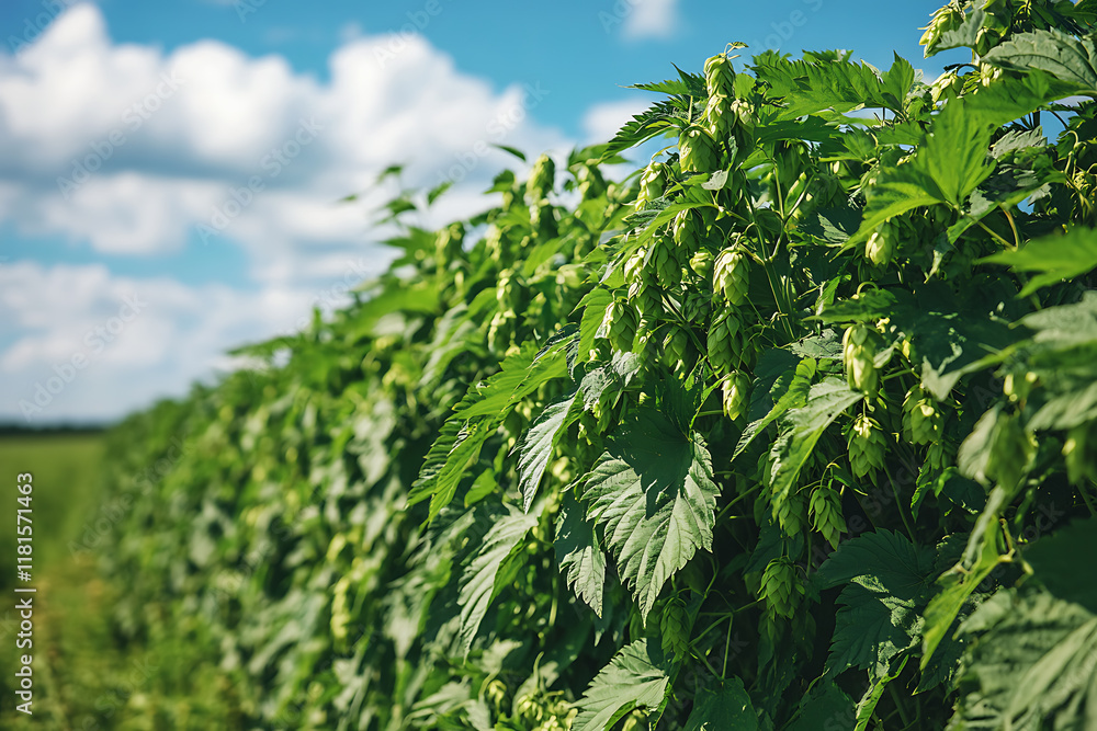 A detailed view of the cultivation of the hop plant, featuring lush green hop bines climbing trellises under the bright sky, symbolizing agriculture, brewing, and sustainable farming practices. A detailed view of the cultivation of the hop plant, featuring lush green hop bines climbing trellises under the bright sky, symbolizing agriculture, brewing, and sustainable farming practices.