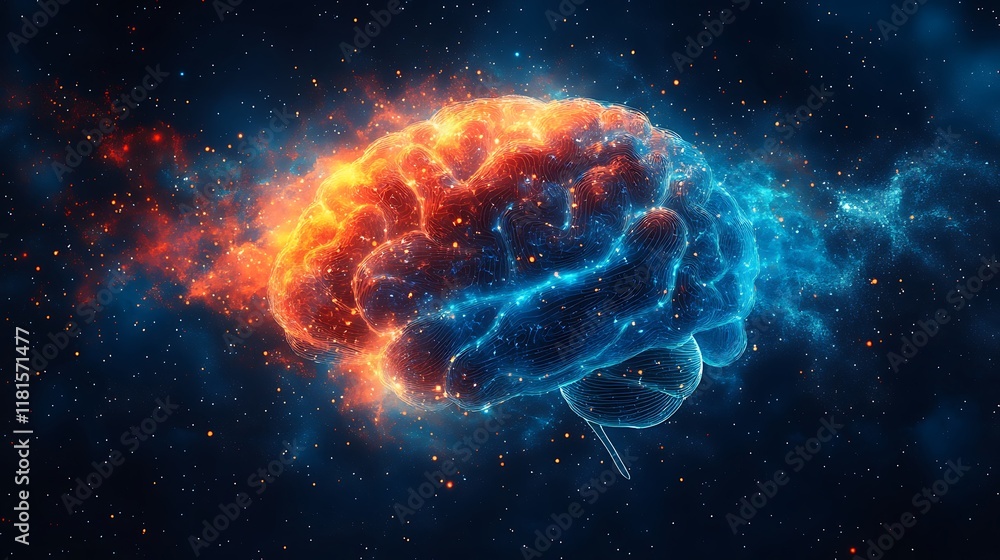 Naklejka premium Digital illustration of a brain with memory emotion and reasoning areas highlighted in vivid colors designed for cognitive neuroscience visuals