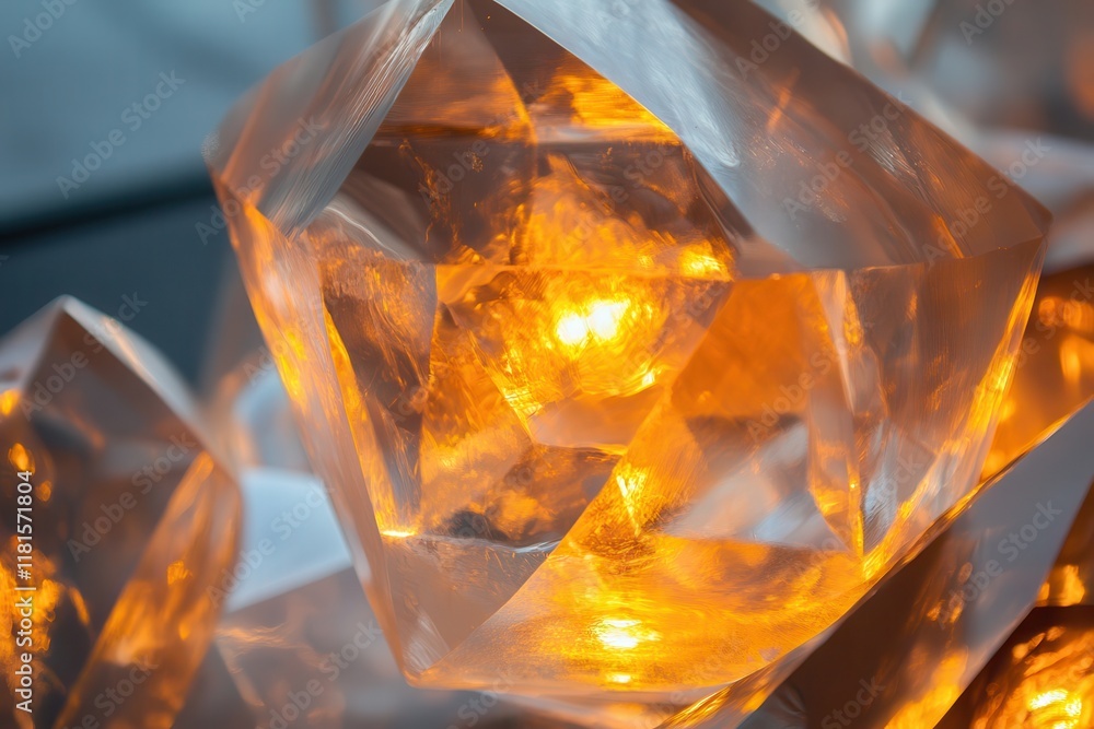 Abstract Geometric Crystal Light Sculpture with Golden Inner Glow. Abstract Geometric Crystal Light Sculpture with Golden Inner Glow.