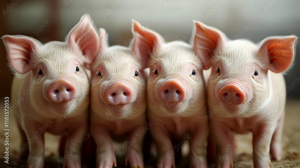 Four Piglets Stand Together: Farm Animals, Livestock, Agriculture, Cute, Pink Four Piglets Stand Together: Farm Animals, Livestock, Agriculture, Cute, Pink