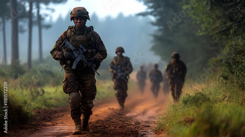 Soldiers March on Dirt Road...