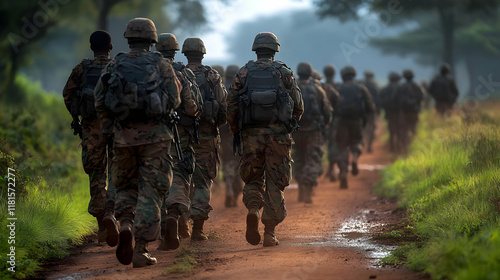 Soldiers March on Dirt Road...