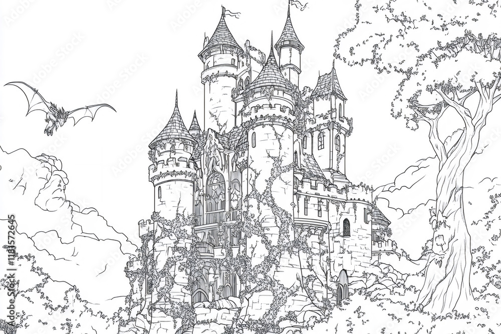Naklejka premium Majestic stone castle covered in ivy with dragons flying overhead, set against a backdrop of trees and clouds, presented as a black and white coloring page
