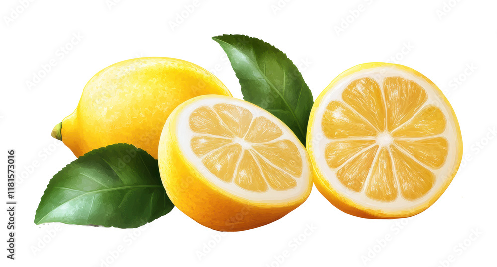 Fresh lemon fruit with green leaf showing slice and whole for culinary uses. Isolated on transparent background, png. Fresh lemon fruit with green leaf showing slice and whole for culinary uses. Isolated on transparent background, png.