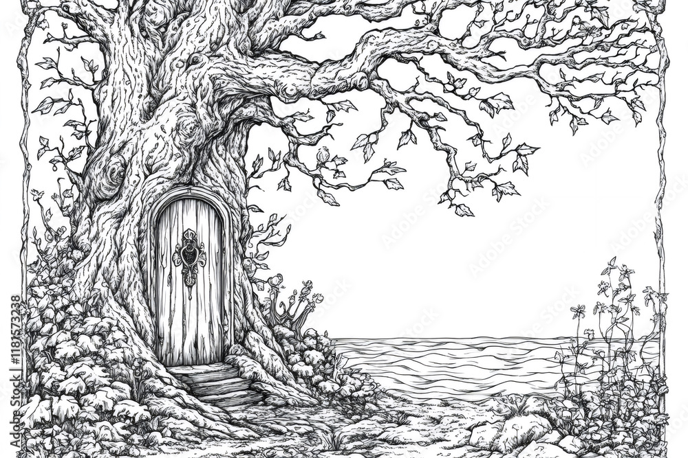 Naklejka premium Intricate black and white drawing depicting an enchanted tree with a door in its trunk, surrounded by butterflies and a serene sea