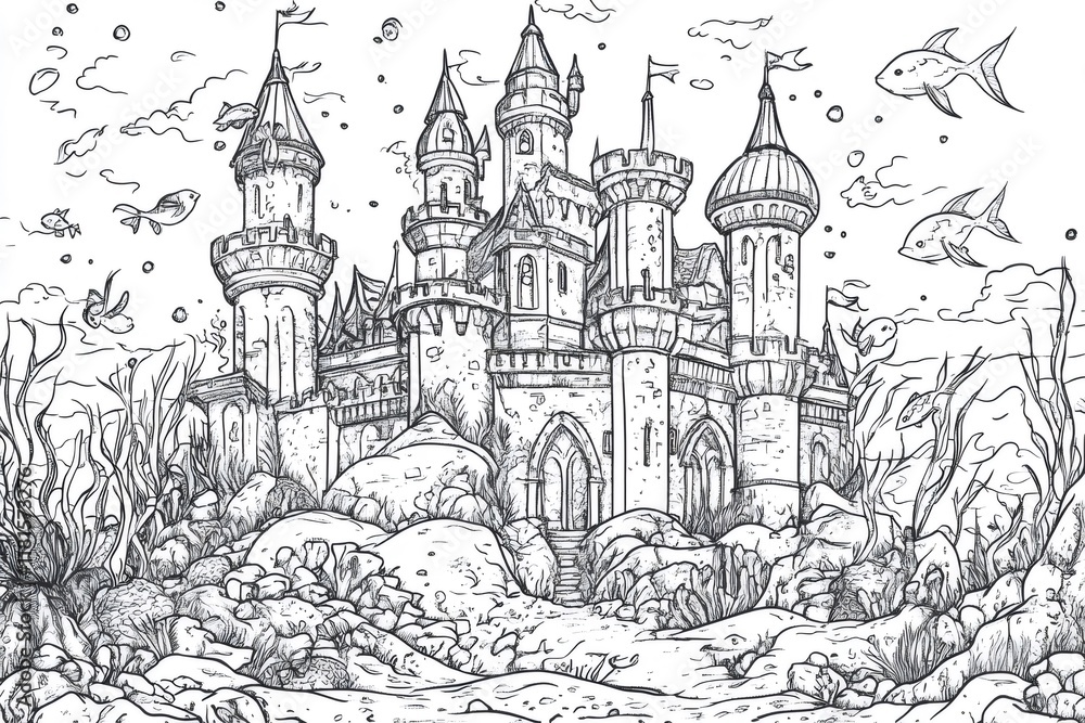 Intricate line art depicts a fairytale castle beneath the sea, complete with fish, seaweed, and a serene atmosphere, ideal for coloring Intricate line art depicts a fairytale castle beneath the sea, complete with fish, seaweed, and a serene atmosphere, ideal for coloring
