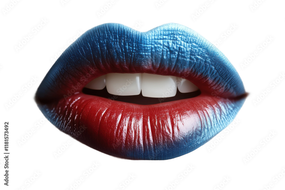 Glossy lips with gradient red and blue tones, bold beauty detail, shiny artistic makeup close-up, sensual cosmetic aesthetic design isolated on transparent background