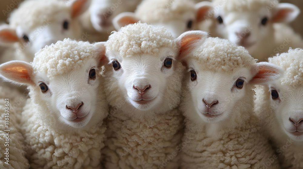 Obraz premium Lambs Flock Together: Adorable Newborn Animals Cuddle Closely