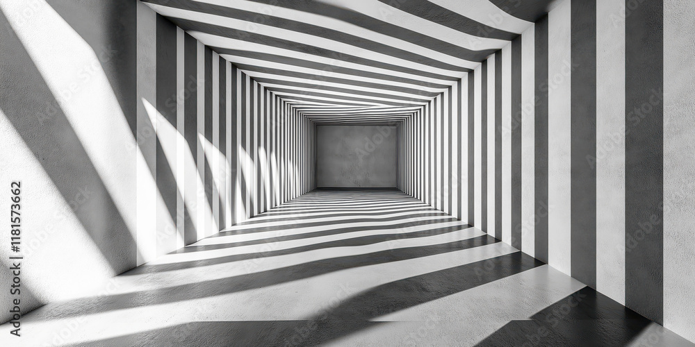 Naklejka premium Monochrome striped tunnel with light and shadow effects creating an optical illusion