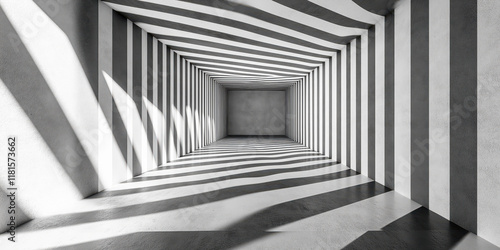 Monochrome striped tunnel with light and shadow effects creating an optical illusion