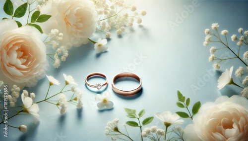 Romantic Wedding Rings with Roses and Baby's Breath on Blue Background photo