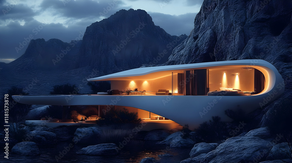 Fototapeta premium Modern House Nestled in the Mountains at Night with Scenic Views