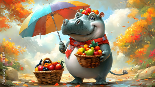 Hippo Carries Baskets of Fr...