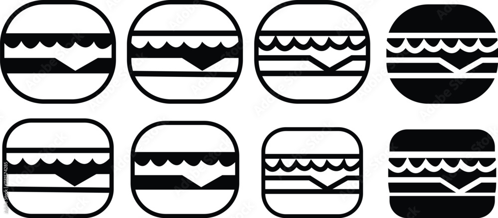A minimalist vector icon set of classic hamburger with bun, lettuce, cheese, and multiple layers, beef cheeseburgers. fast food signs, isolated on transparent background, used for mobile app, web. A minimalist vector icon set of classic hamburger with bun, lettuce, cheese, and multiple layers, beef cheeseburgers. fast food signs, isolated on transparent background, used for mobile app, web.