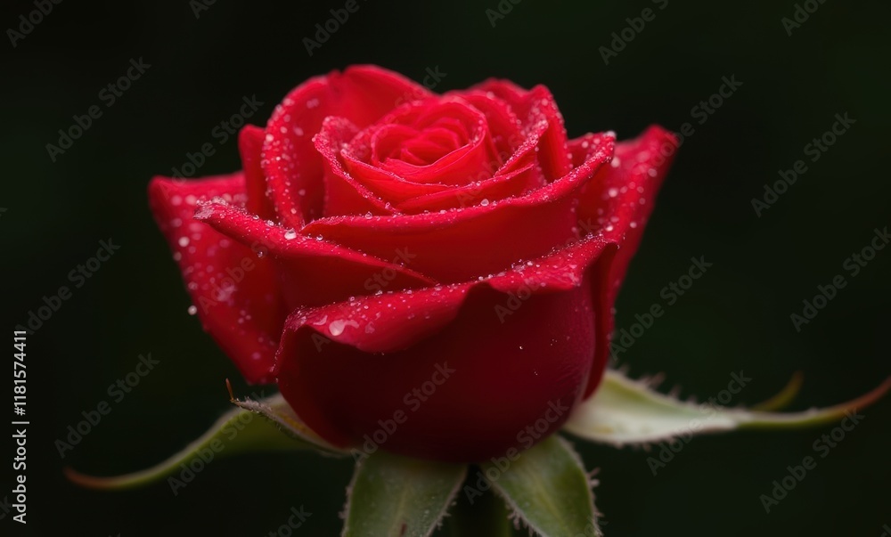 Vibrant red rose with dew drops Vibrant red rose with dew drops