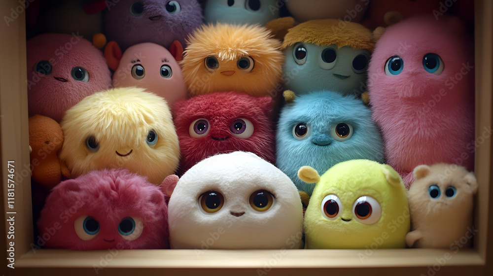 Fototapeta premium Cute Plush Toys Peek from Box: Colorful, Fluffy Fun