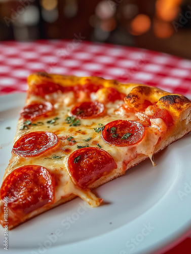 Leckere Pizza mit Peperoni und frischem Basilikum auf rot-weißem Tisch

 photo