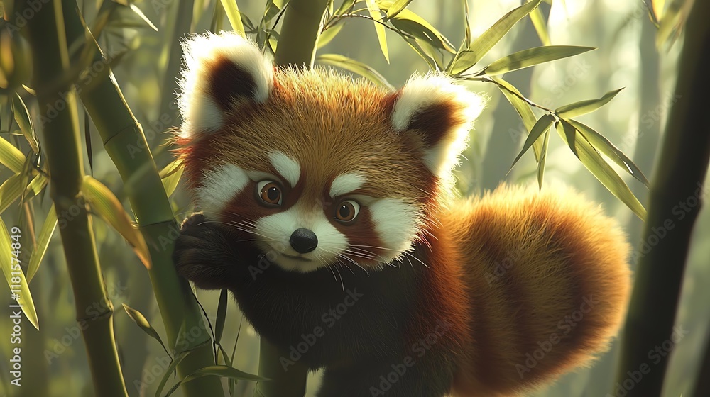 Naklejka premium A cute red panda among bamboo in a serene setting.
